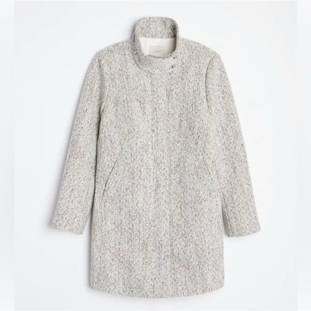 Loft Gray Herringbone Pattern Zip Up Coat With Po… - image 1